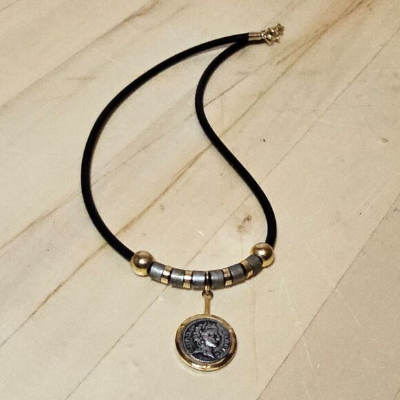 Roman Stye Coin In Bezel Pendant With Metal Beads Signed "RR" - Picture 2 of 6